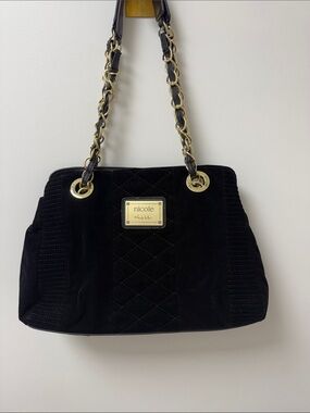 Nicole by Nicole Miller Black Quilted Suede Shoulder Bag with Gold Chain